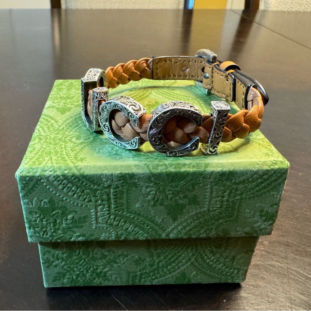 New Authentic Gucci Logo Silver Brown Leather Bracelet Size L / Wrist Up To 8” - Picture 6 of 12